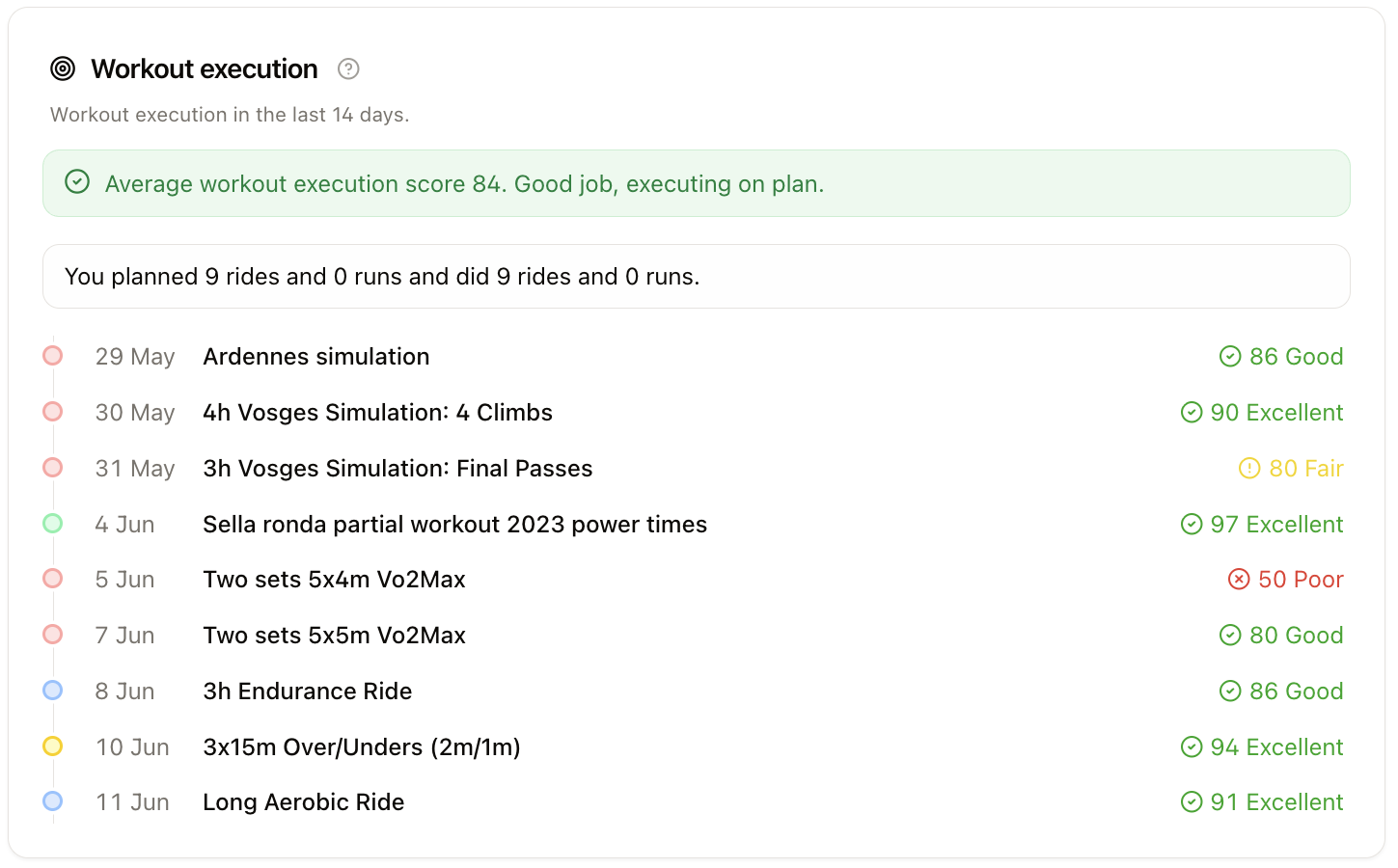 Workout execution panel listing 14 days of completed sessions with execution scores